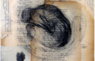 Monika Weiss
"Explosion 1 (Schiller Series)" 2013, Schiller poetry published in 19th century, found photography, charcoal, graphite, saliva on wood panel, 8 x 8 x 1 inches.